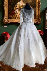 Lace Beaded Vintage Wedding Dresses Long Sleeves Sheer Neck Bridal Dresses Crystals Wedding Gowns Semi Formal Prom Dress